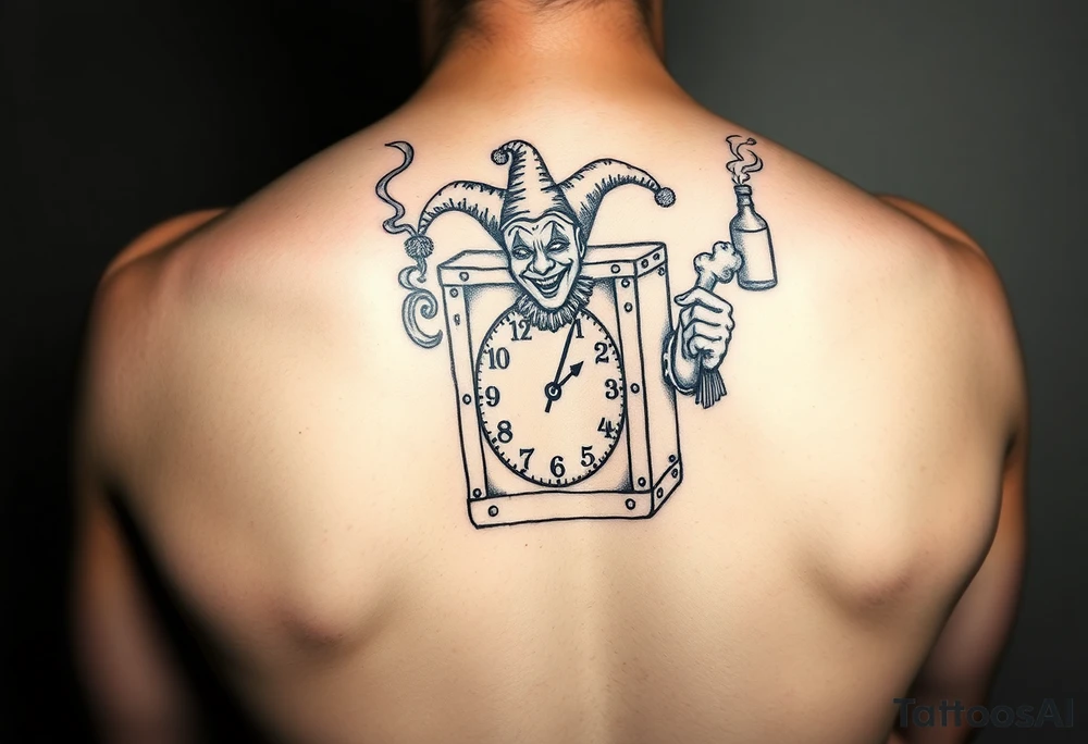 jack in the box
the box as a clock with the time 420
two open wings besides the clock
smoke as the spring
a jester clown coming out the smoke
smoking in one hand with a liquor bottle on the other hand tattoo idea