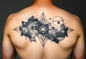 galaxy that covers the upper middle back and is geometric that also uses negative spaces to create a nebula tattoo idea