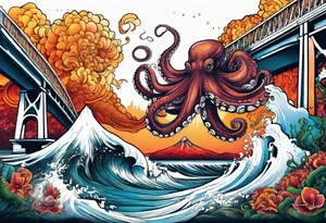 Octopus attacking a bridge with volcano in background erupting tattoo idea