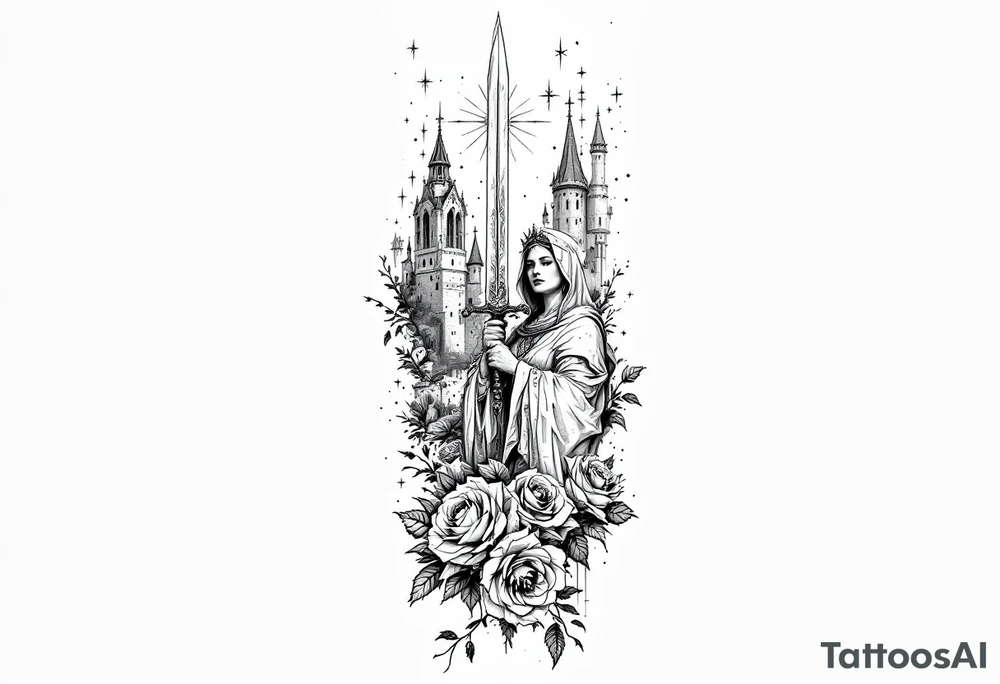 Saint Barbara holding sword with castle tower in the back and roses tattoo idea