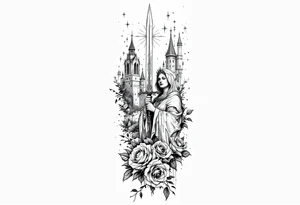 Saint Barbara holding sword with castle tower in the back and roses tattoo idea