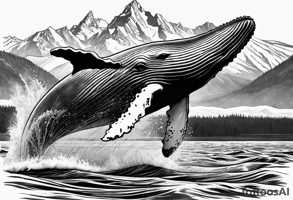 breaching humpback whale with a drawing of the Teton mountains inside of it's tale tattoo idea