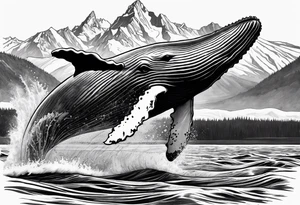 breaching humpback whale with a drawing of the Teton mountains  inside of it's tale tattoo idea