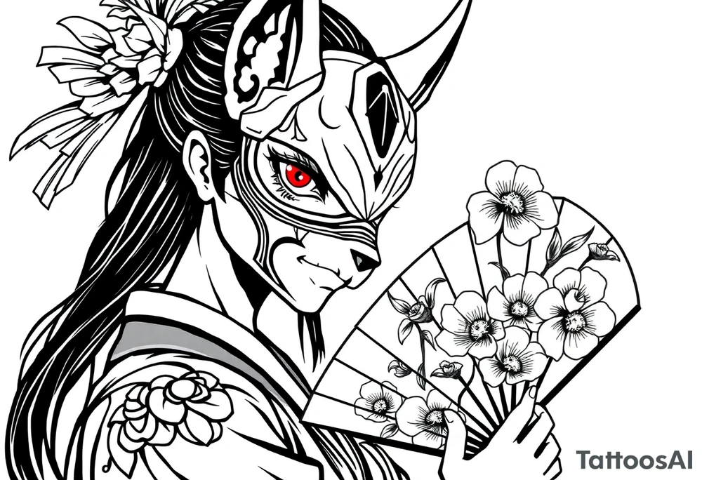 japanese samurai woman with red eyes wearing a kitsune half-mask and holding a fan with irises flowers ornement tattoo idea