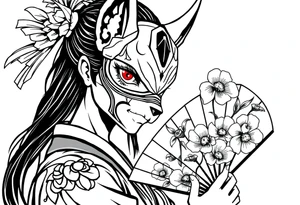 japanese samurai woman with red eyes wearing a kitsune half-mask and holding a fan with irises flowers ornement tattoo idea