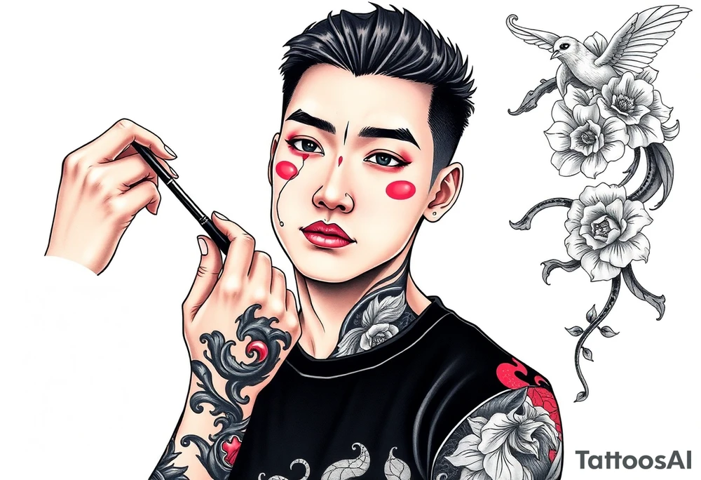 Handsome Asian young guy is putting ritual make up on tattoo idea