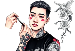 Handsome Asian young guy is putting ritual make up on tattoo idea