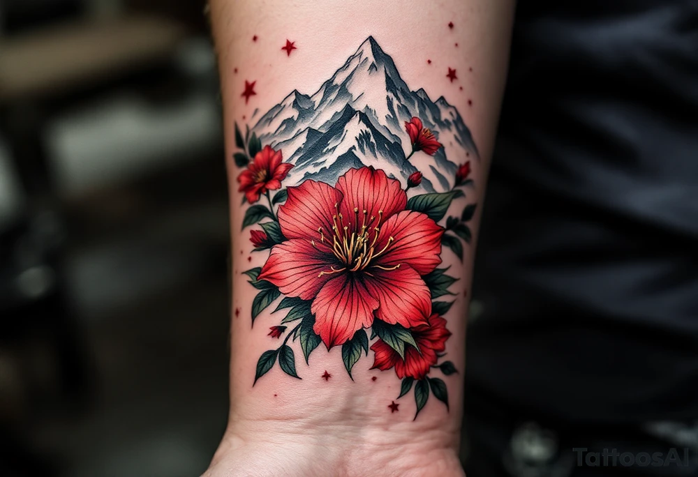 red  and black rhododendron trippy with Himalayas behind tattoo idea