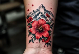 red  and black rhododendron trippy with Himalayas behind tattoo idea