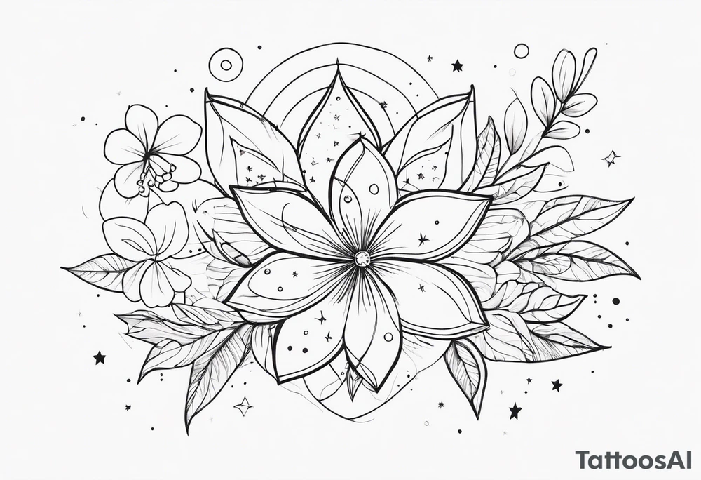 fine line floral with stars, swirls, dots tattoo idea