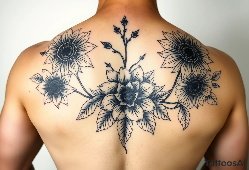 Vintage star gazer lillies wild roses and sunflowers tattoo idea