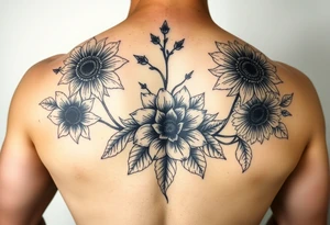 Vintage star gazer lillies wild roses and sunflowers tattoo idea