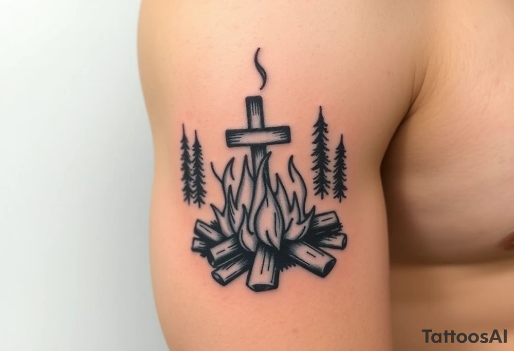 Campfire with cross hidden in the flames include the great outdoors tattoo idea