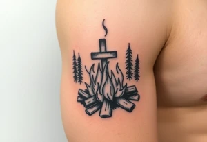 Campfire with cross hidden in the flames include the great outdoors tattoo idea