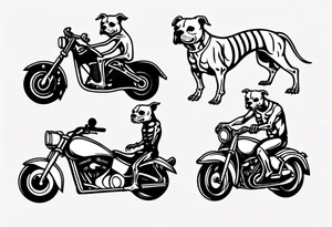 A skeleton and a Pitt bull driving a motorcycle tattoo idea
