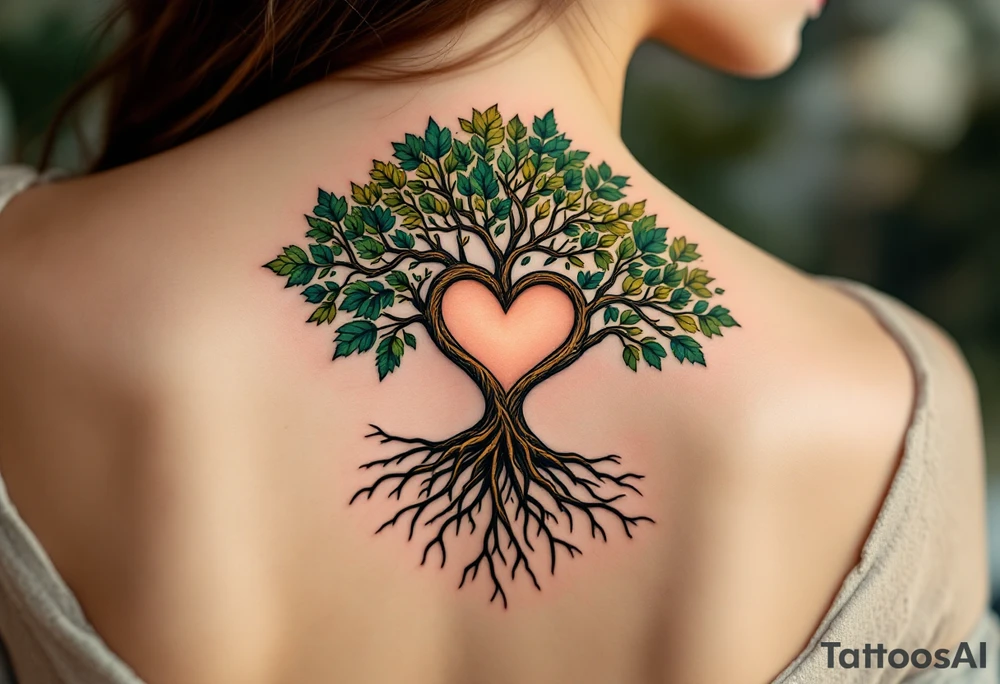 A tree of life in earthy greens and browns with roots shaped like one big heart honors the grounding strength of motherhood. tattoo idea