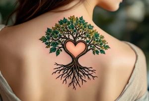 A tree of life in earthy greens and browns with roots shaped like one big heart honors the grounding strength of motherhood. tattoo idea