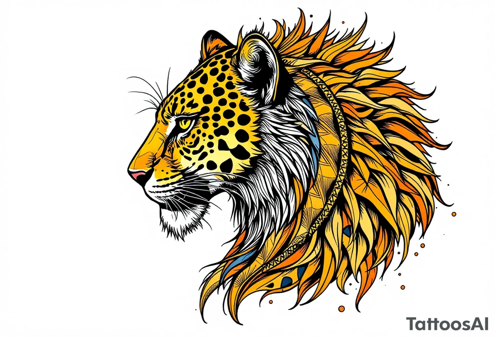 a mix the nemean lion, ancient Egyptian and roman mythology, and a leopard, combined with the sun and French pattern, facing left in profile tattoo idea