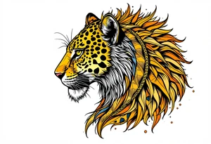 a mix the nemean lion, ancient Egyptian and roman mythology, and a leopard, combined with the sun and French pattern, facing left in profile tattoo idea