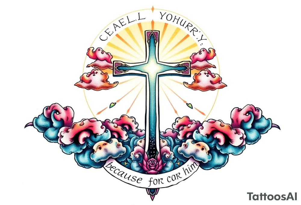 cast all your anxiety on him because he cares for you"  surrounded with clouds and cross tattoo idea