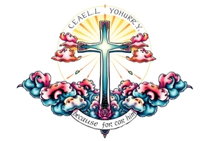 cast all your anxiety on him because he cares for you"  surrounded with clouds and cross tattoo idea