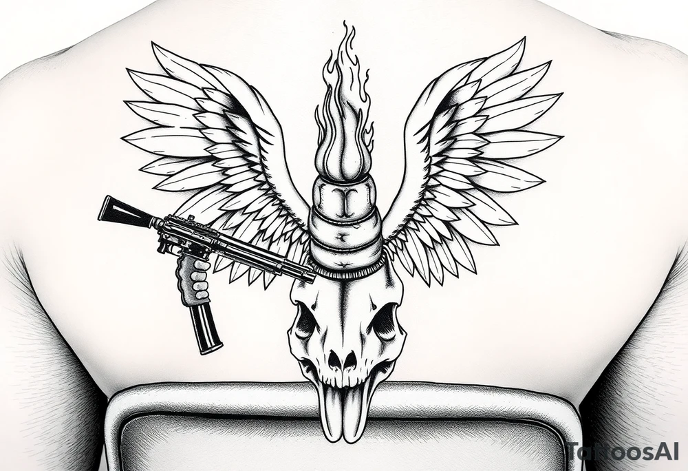 gangster angel sitting on the rocker panel of the drivers seat, holding an AK47, watching a huge flame burning a stacked skull of a rabbit and a chicken. tattoo idea