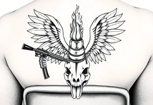 gangster angel sitting on the rocker panel of the drivers seat, holding an AK47, watching a huge flame burning a stacked skull of a rabbit and a chicken. tattoo idea