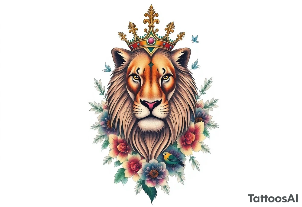 powerful majestic lion with a crown, surrounded by floral ornaments and birds tattoo idea