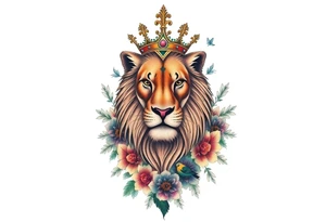powerful majestic lion with a crown, surrounded by floral ornaments and birds tattoo idea