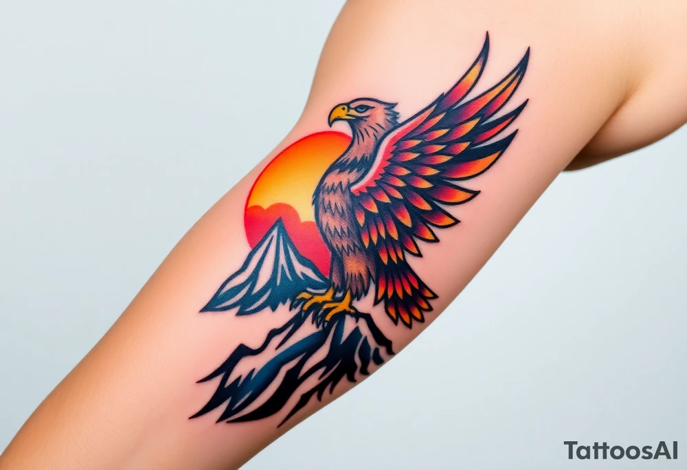 A proud eagle perched on a rugged mountain peak, with a breathtaking sunset behind it, blending fiery oranges, purples, and blues tattoo idea