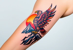 A proud eagle perched on a rugged mountain peak, with a breathtaking sunset behind it, blending fiery oranges, purples, and blues tattoo idea