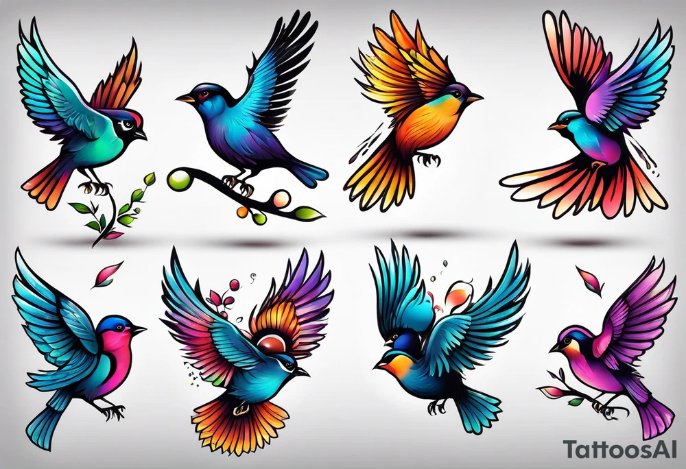 Seven small, colorful birds tattoo idea