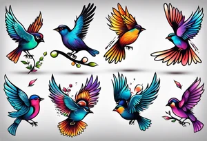 Seven small, colorful birds tattoo idea