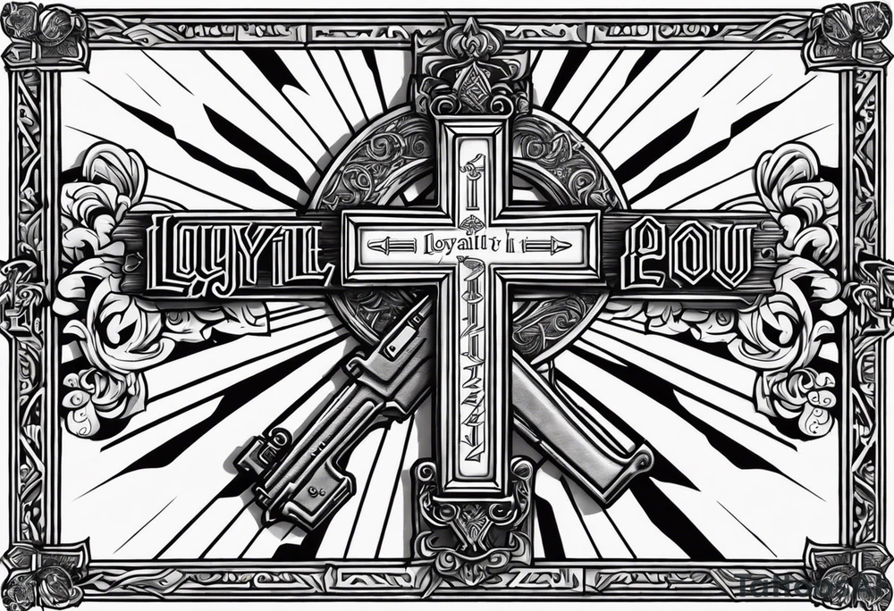 Cross with wording saying Loyalty Is Key in old English with two ak-47 and money in the background tattoo idea