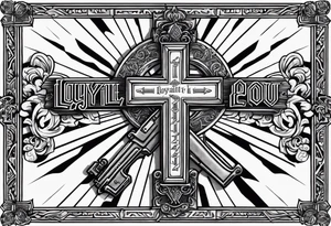 Cross with wording saying Loyalty Is Key in old English with two ak-47 and money in the background tattoo idea