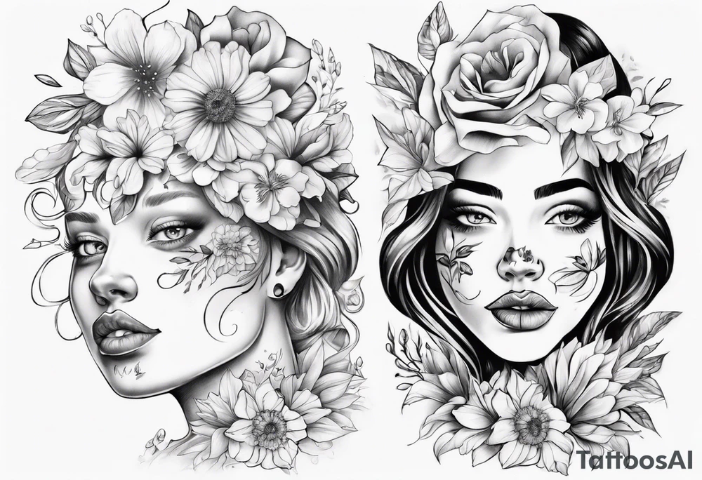 Face of an Norwegian curvy girl covered in flowers tattoo idea