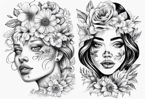 Face of an Norwegian curvy girl covered in flowers tattoo idea