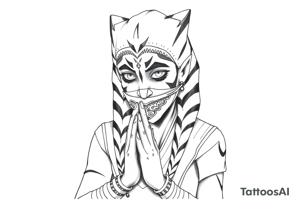Ahsoka praying with rosary in hands and bandana over mouth tattoo idea