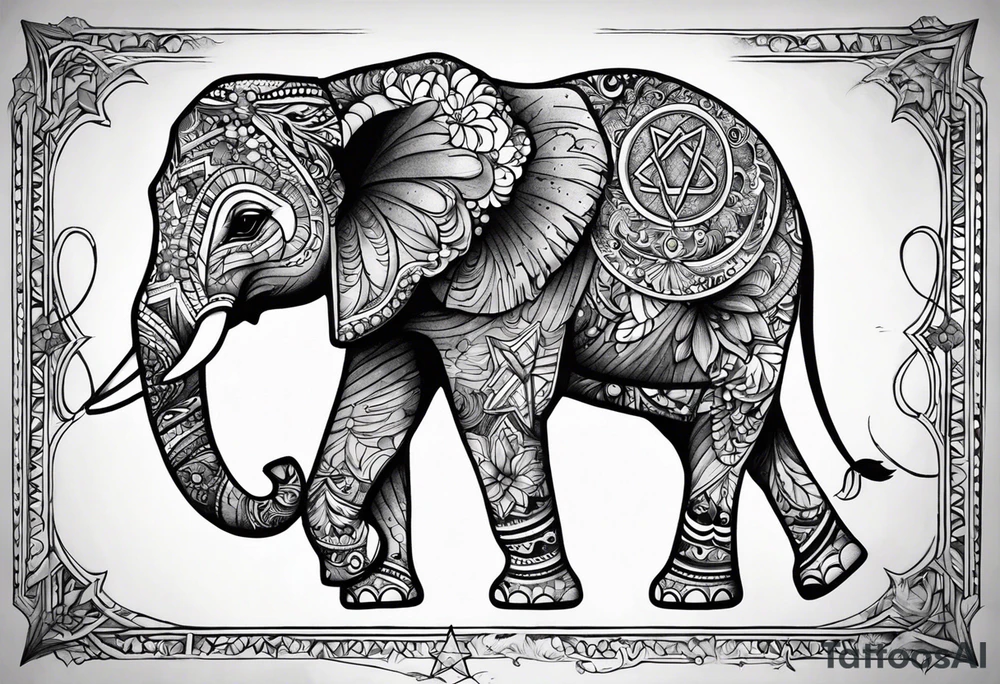 Delicate elephant holding Star of David in tip of trunk tattoo idea