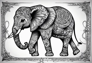 Delicate elephant holding Star of David in tip of trunk tattoo idea