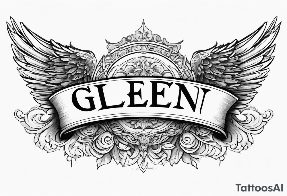 The word Glenn on a banner with angel Wings tattoo idea