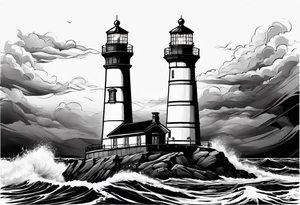 maritime lighthouse partially hidden by its 2 large fixed sails. tattoo idea