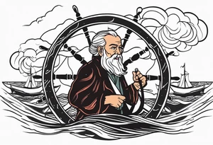 Old man turning ships that looks like a compas rose  wheel in a storm tattoo idea