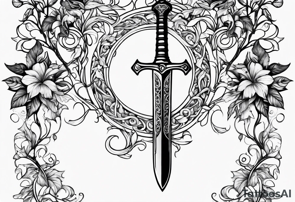 Leafy vines with sword tattoo idea