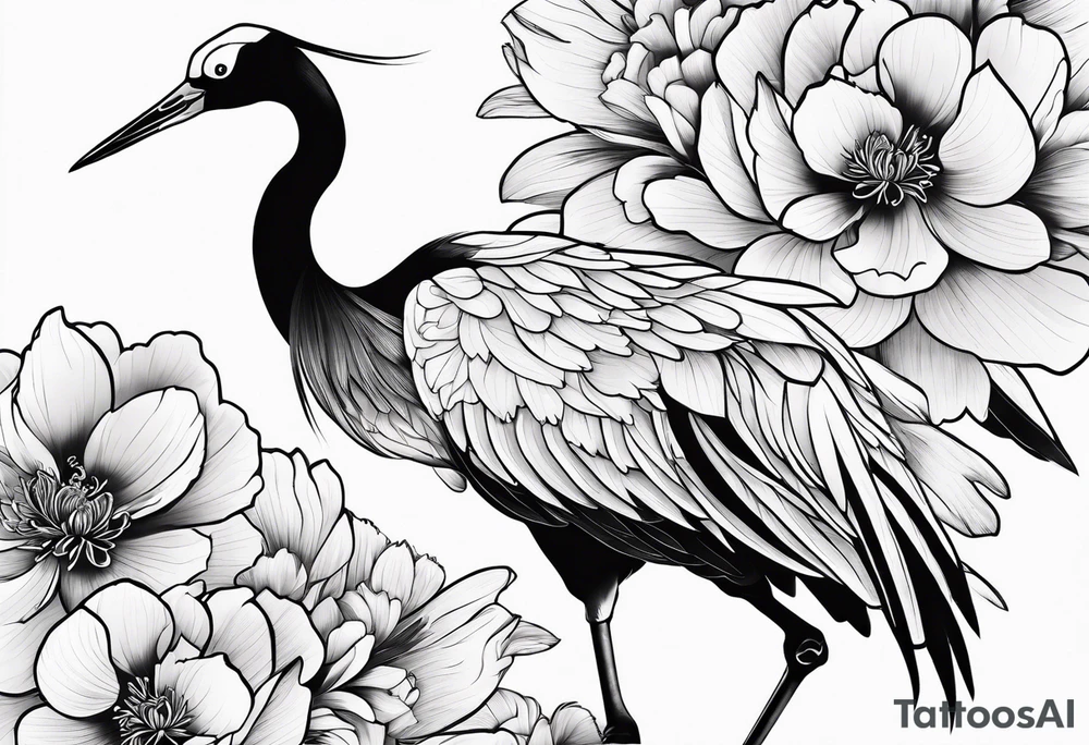 Japanese crane with peonies tattoo idea