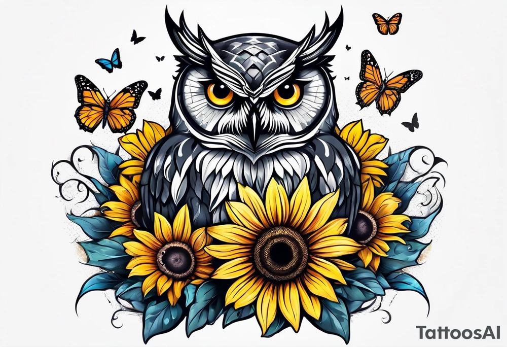 Owl with butterfly and sunflower tattoo idea