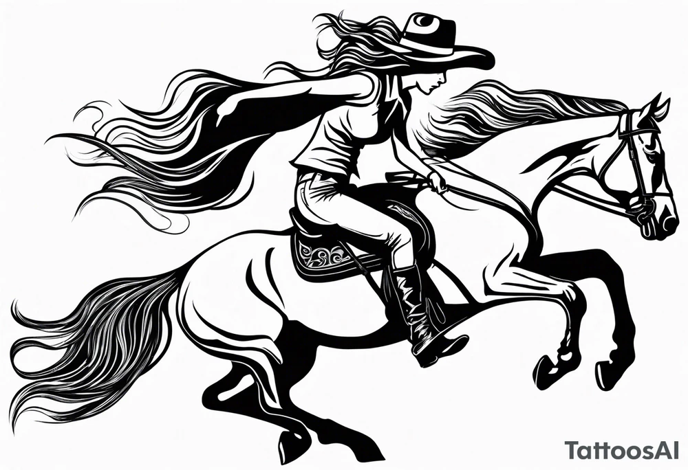 cowgirl with long hair on the back of galloping stallion. She is holding her cowboy hat on her head with one hand and the reins with the other hand. Stallion galloping really fast. tattoo idea