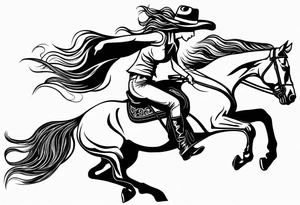 cowgirl with long hair on the back of galloping stallion. She is holding her cowboy hat on her head with one hand and the reins with the other hand. Stallion galloping really fast. tattoo idea