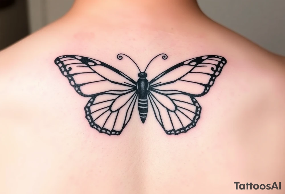 dainty butterfly with swirls coming from both wings tattoo idea