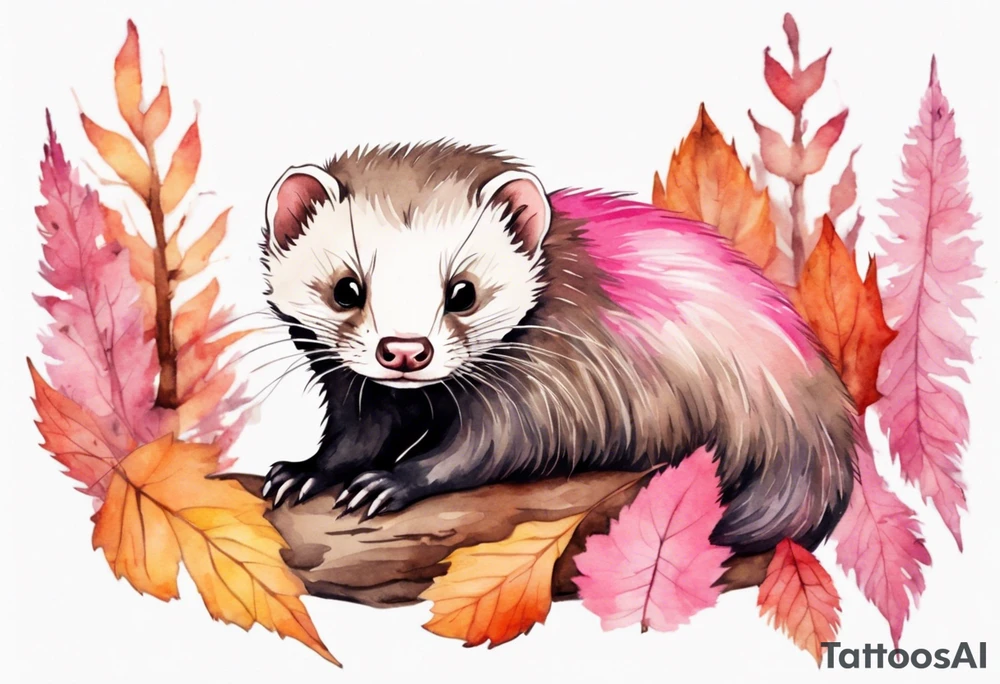 watercolor of a ferret with pink fur and pink ears sleeping in the autumn forest tattoo idea